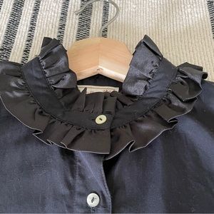Mille black cotton poplin button up blouse with satin ruffle detailing